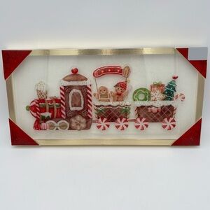 Gingerbread Train Christmas Holiday Glass Wall Art Framed with Metal Hangers